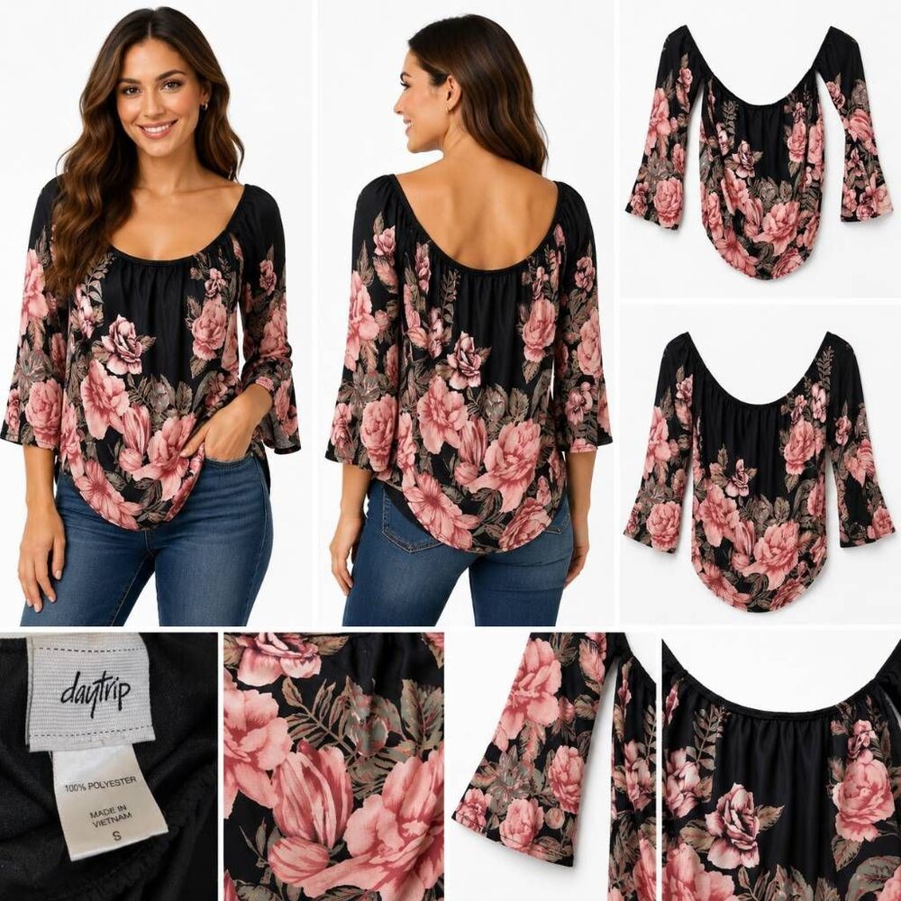 Daytrip Floral Off Shoulder Blouse Black Pink Women’s S